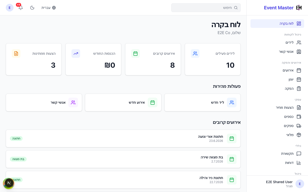 Event Master dashboard